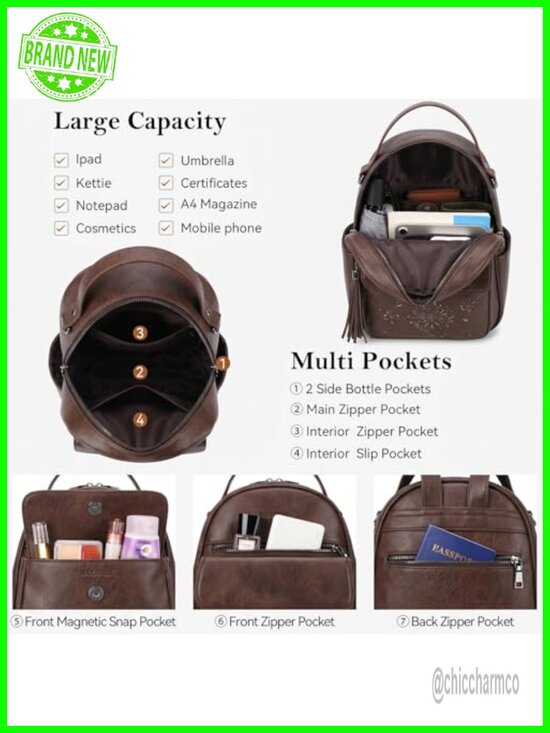 Mini Backpack Purse Women Lightweight Vegan Leather Small Daypack Multi Pockets